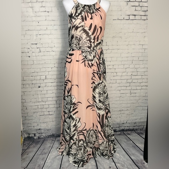 Eliza J Pink Black Floral Print Chiffon Maxi Dress Neck Tie Hidden Zippe… - Picture 3 of 11